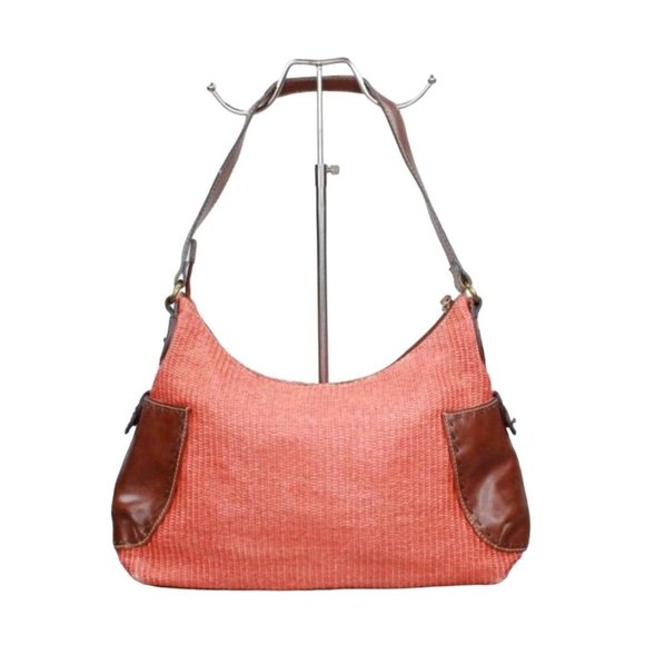 Fossil Handbags - Fossil Brown Leather Strap Orange Woven Straw Lined Purse Shoulder Hobo Bag